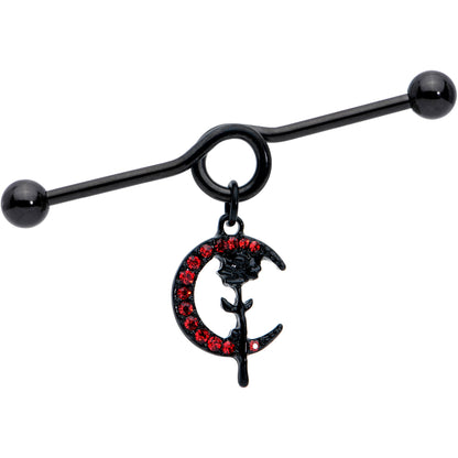 14G Red CZ Gem Black Moon Rose Flower Dangle Project Bar 38mm