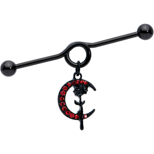 14G Red CZ Gem Black Moon Rose Flower Dangle Project Bar 38mm