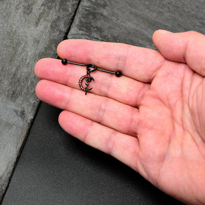 14G Red CZ Gem Black Moon Rose Flower Dangle Project Bar 38mm