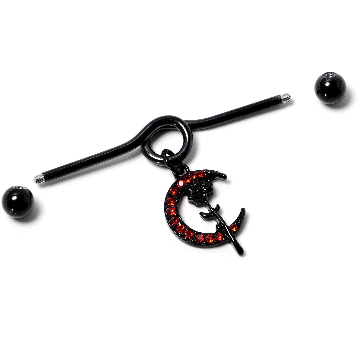 14G Red CZ Gem Black Moon Rose Flower Dangle Project Bar 38mm