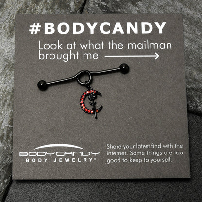 14G Red CZ Gem Black Moon Rose Flower Dangle Project Bar 38mm