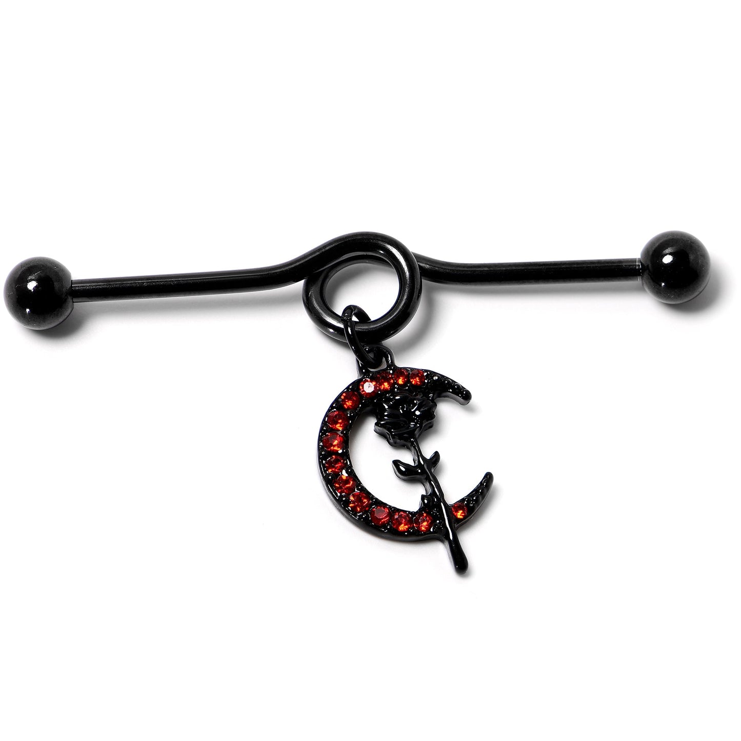 14G Red CZ Gem Black Moon Rose Flower Dangle Project Bar 38mm