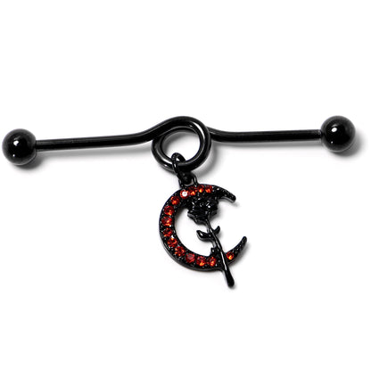 14G Red CZ Gem Black Moon Rose Flower Dangle Project Bar 38mm