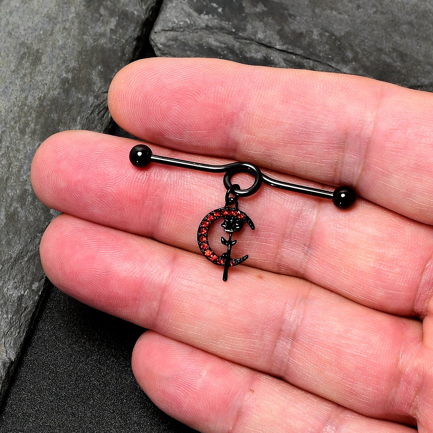 14G Red CZ Gem Black Moon Rose Flower Dangle Project Bar 38mm