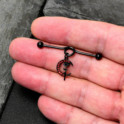 14G Red CZ Gem Black Moon Rose Flower Dangle Project Bar 38mm