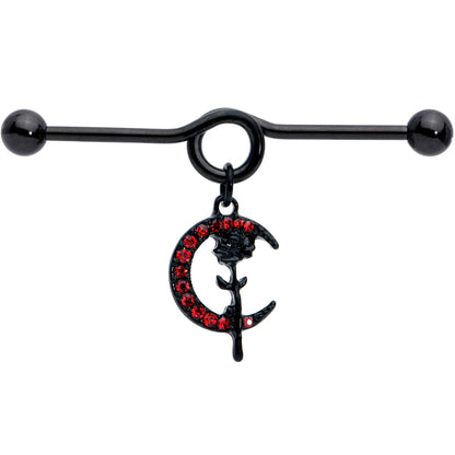 14G Red CZ Gem Black Moon Rose Flower Dangle Project Bar 38mm