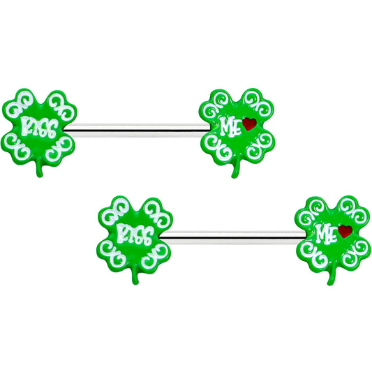 14G 9/16 Kiss Me Shamrock St Patricks Barbell Nipple Ring Set