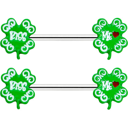 14G 9/16 Kiss Me Shamrock St Patricks Barbell Nipple Ring Set