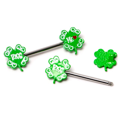 14G 9/16 Kiss Me Shamrock St Patricks Barbell Nipple Ring Set