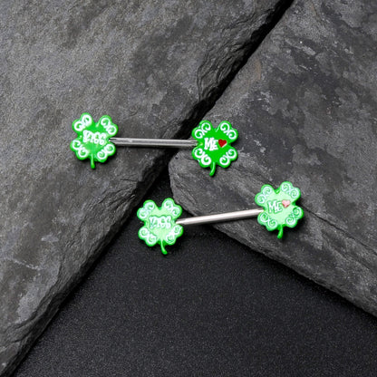 14G 9/16 Kiss Me Shamrock St Patricks Barbell Nipple Ring Set