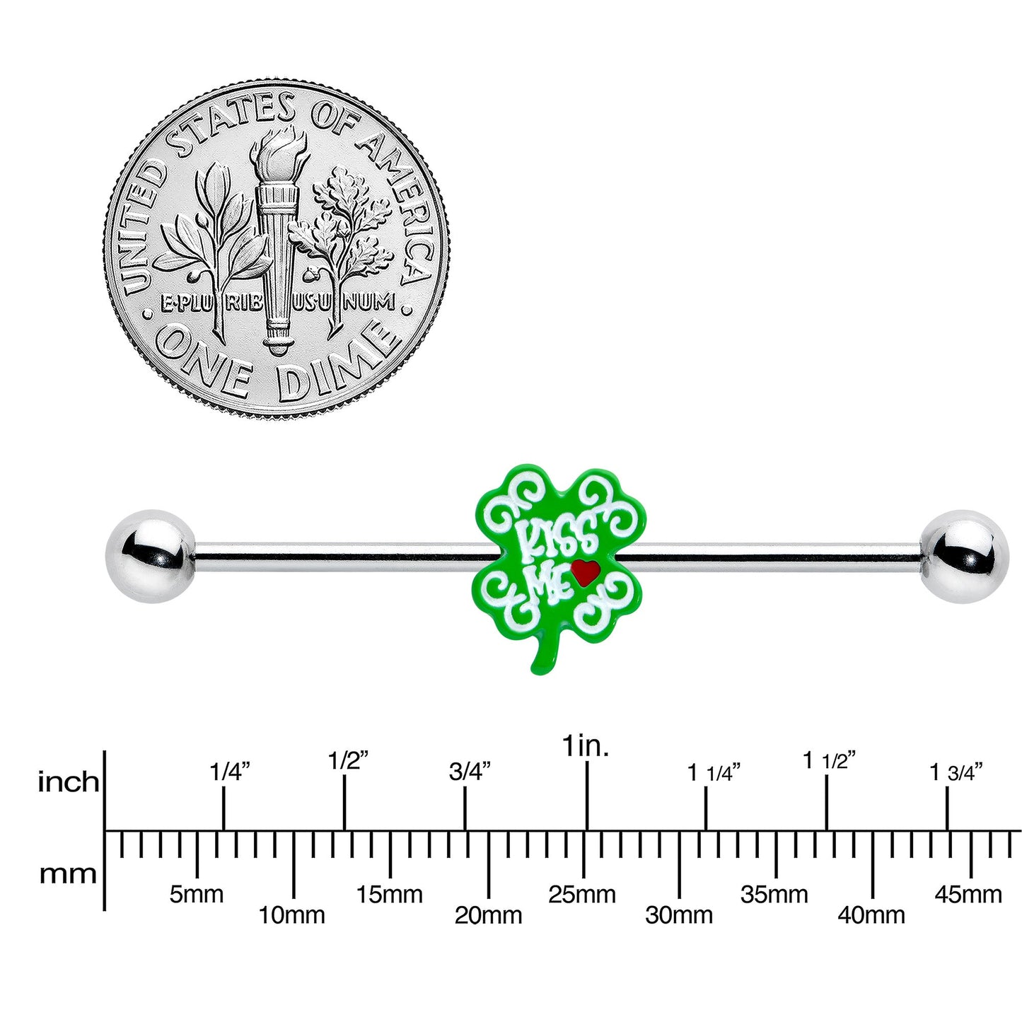 14G Kiss Me Shamrock St Patricks Industrial Barbell 38mm