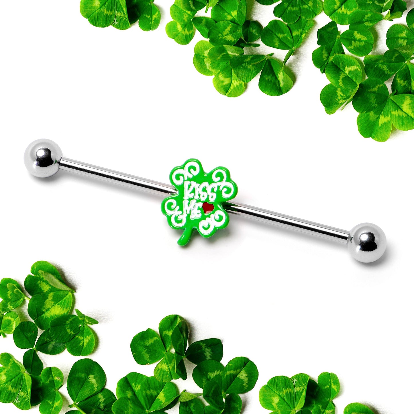 14G Kiss Me Shamrock St Patricks Industrial Barbell 38mm