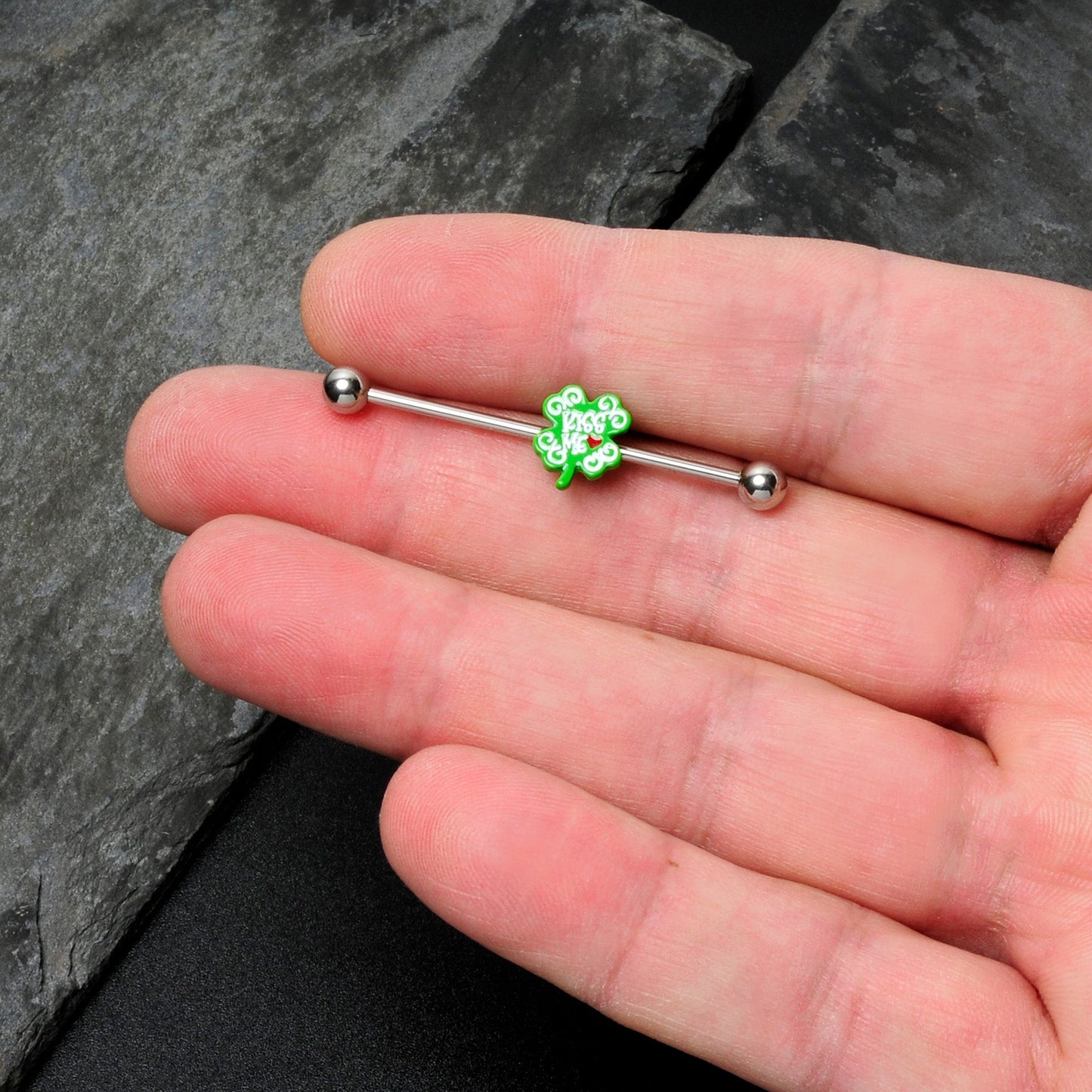 14G Kiss Me Shamrock St Patricks Industrial Barbell 38mm