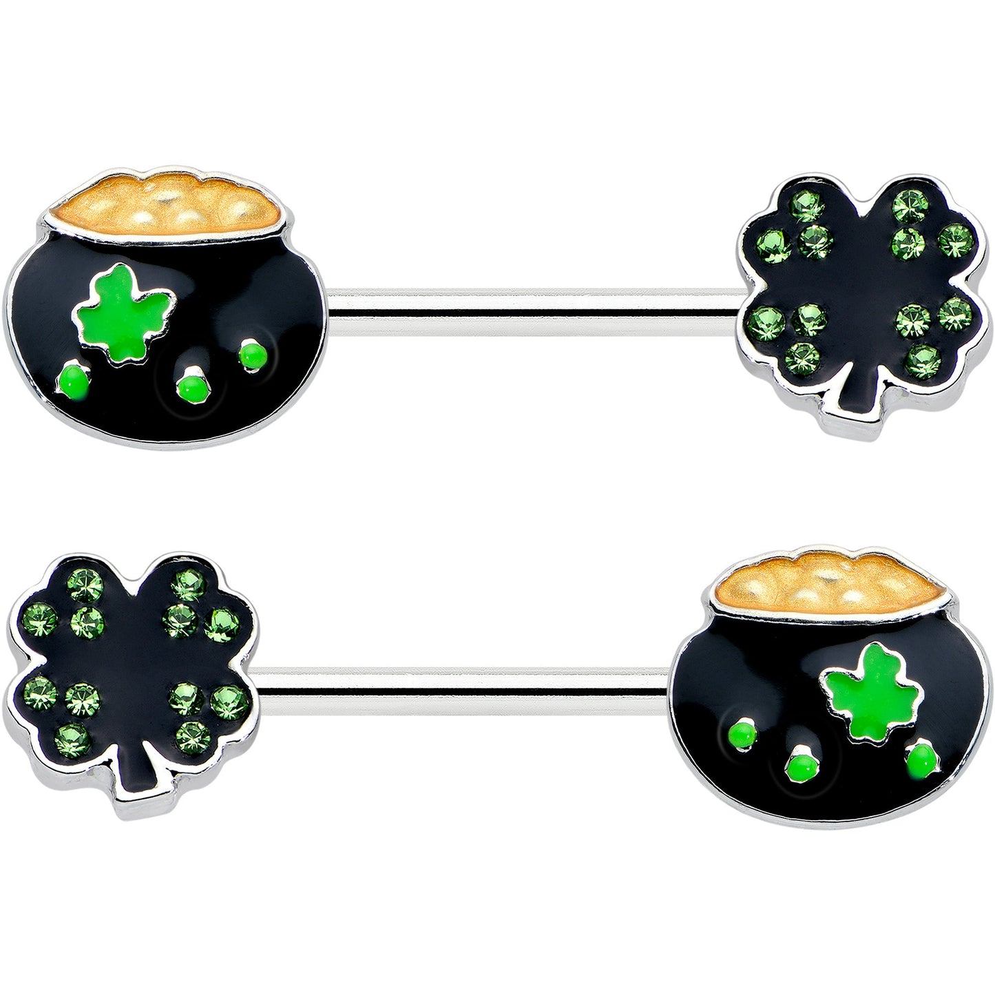 14G 9/16 Green Gem Shamrock Pot of Gold Barbell Nipple Ring Set