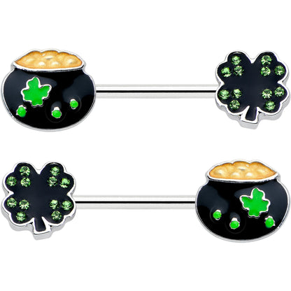 14G 9/16 Green Gem Shamrock Pot of Gold Barbell Nipple Ring Set