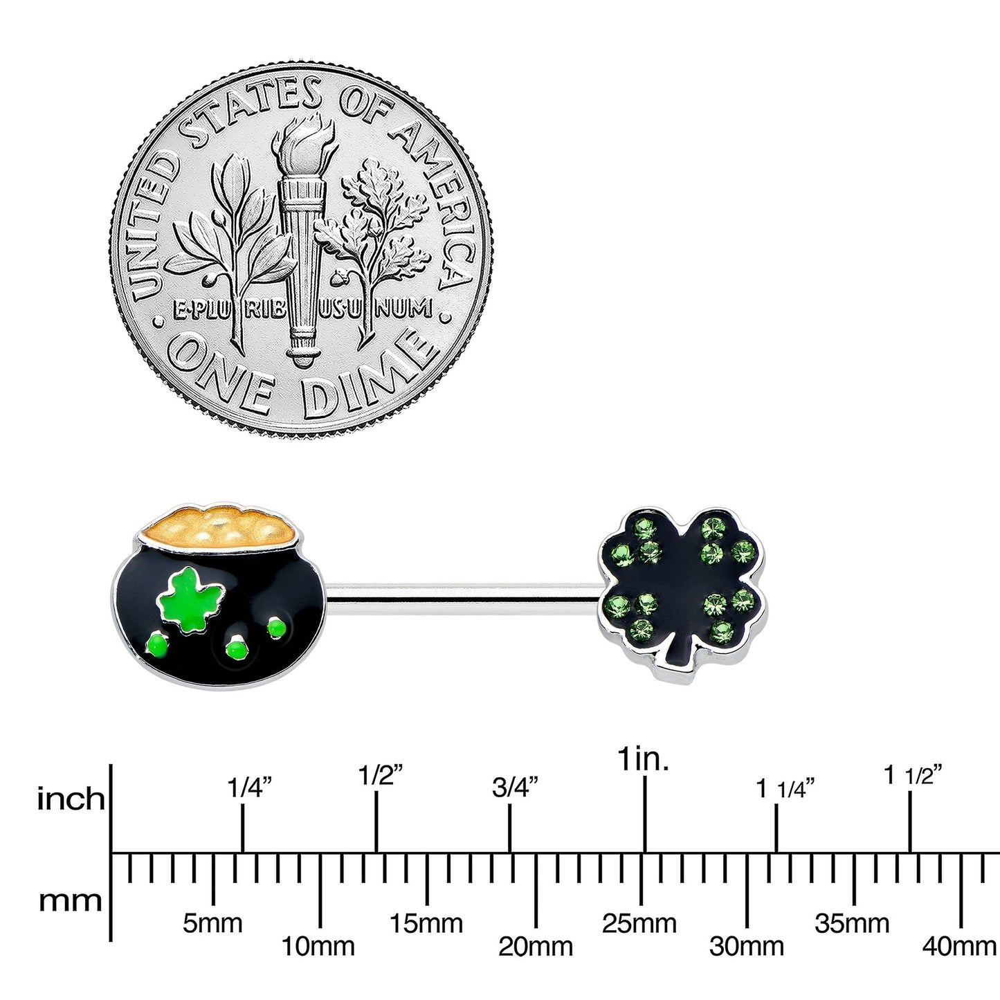14G 9/16 Green Gem Shamrock Pot of Gold Barbell Nipple Ring Set