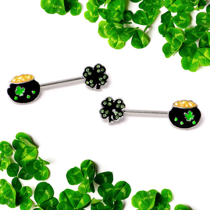 14G 9/16 Green Gem Shamrock Pot of Gold Barbell Nipple Ring Set