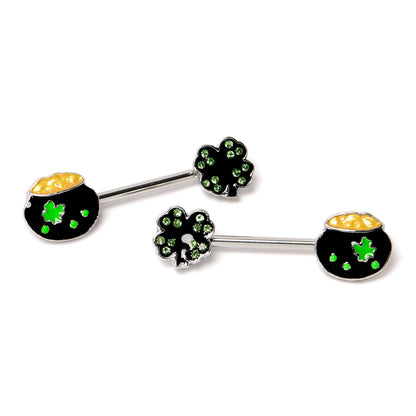 14G 9/16 Green Gem Shamrock Pot of Gold Barbell Nipple Ring Set