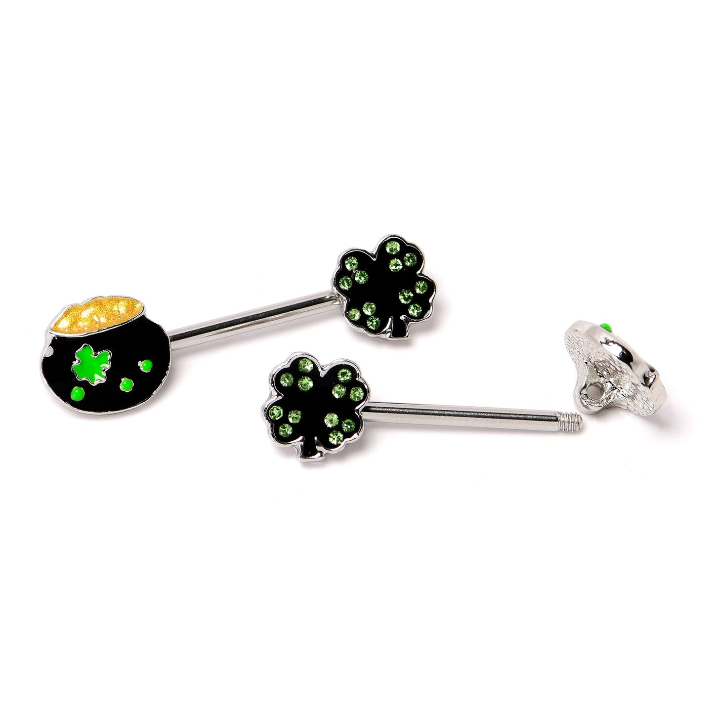 14G 9/16 Green Gem Shamrock Pot of Gold Barbell Nipple Ring Set