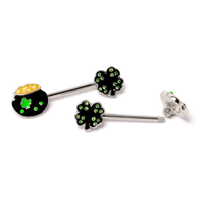 14G 9/16 Green Gem Shamrock Pot of Gold Barbell Nipple Ring Set