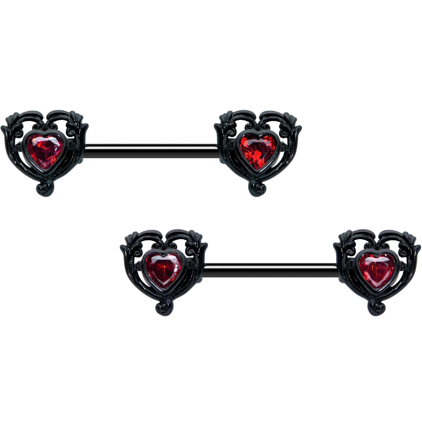 14G 9/16 Red CZ Gem Black Passion Heart Barbell Nipple Ring Set