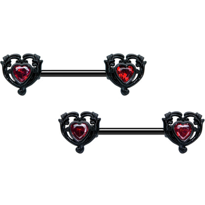 14G 9/16 Red CZ Gem Black Passion Heart Barbell Nipple Ring Set