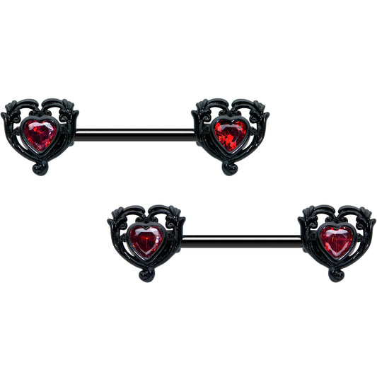 14G 9/16 Red CZ Gem Black Passion Heart Barbell Nipple Ring Set