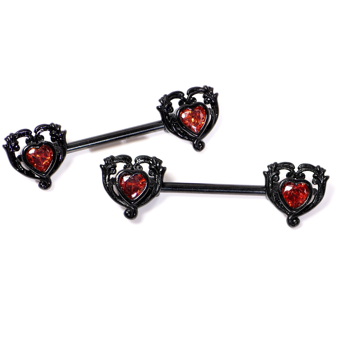 14G 9/16 Red CZ Gem Black Passion Heart Barbell Nipple Ring Set