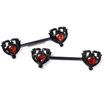 14G 9/16 Red CZ Gem Black Passion Heart Barbell Nipple Ring Set