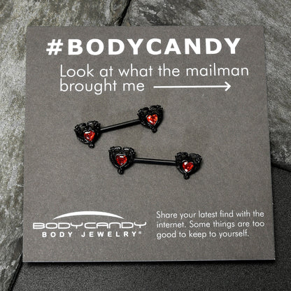 14G 9/16 Red CZ Gem Black Passion Heart Barbell Nipple Ring Set