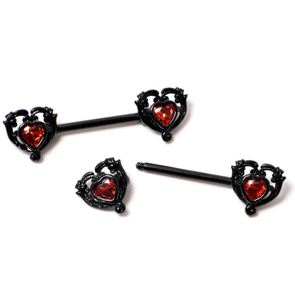 14G 9/16 Red CZ Gem Black Passion Heart Barbell Nipple Ring Set