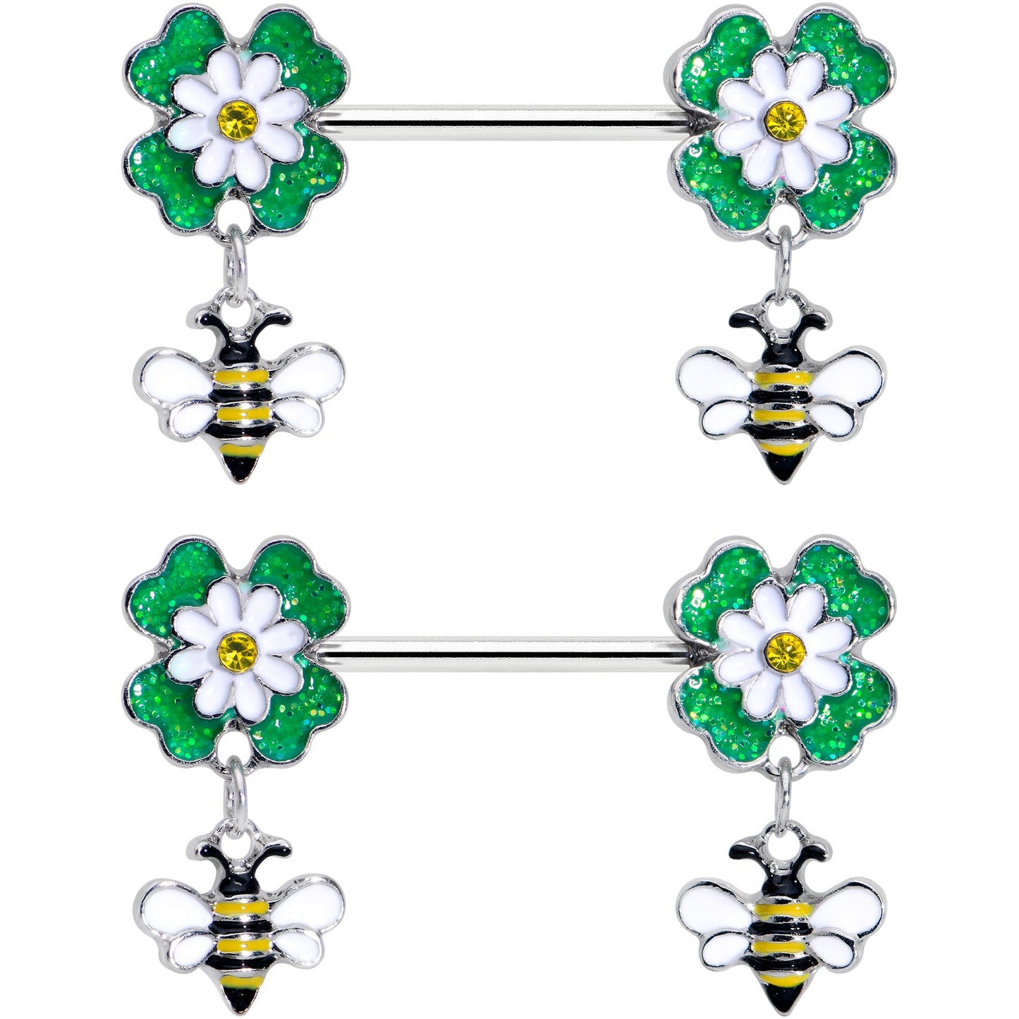 14G 9/16 Yellow Gem Daisy Bee Glittery Barbell Nipple Ring Set