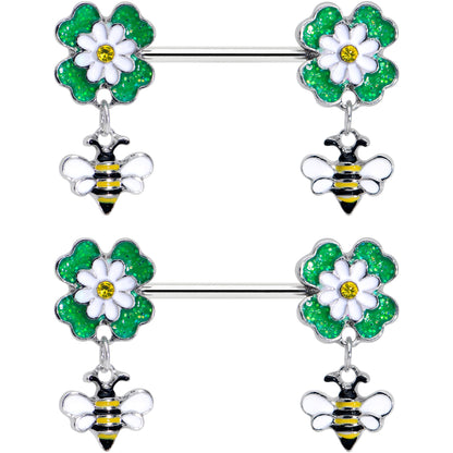 14G 9/16 Yellow Gem Daisy Bee Glittery Barbell Nipple Ring Set