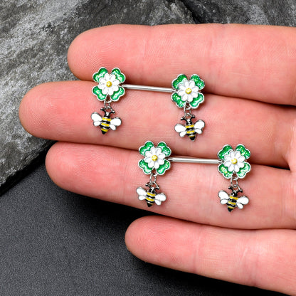 14G 9/16 Yellow Gem Daisy Bee Glittery Barbell Nipple Ring Set
