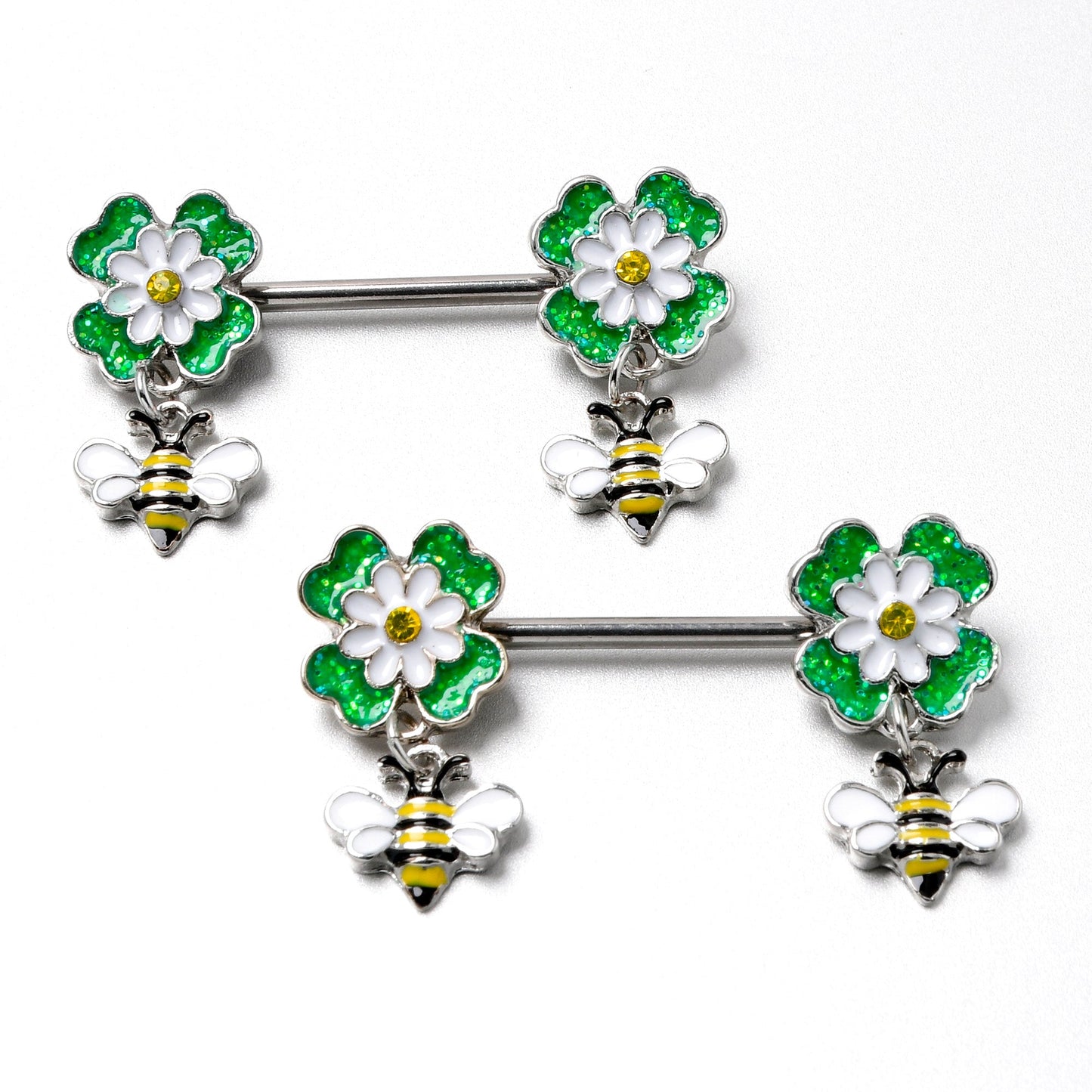 14G 9/16 Yellow Gem Daisy Bee Glittery Barbell Nipple Ring Set