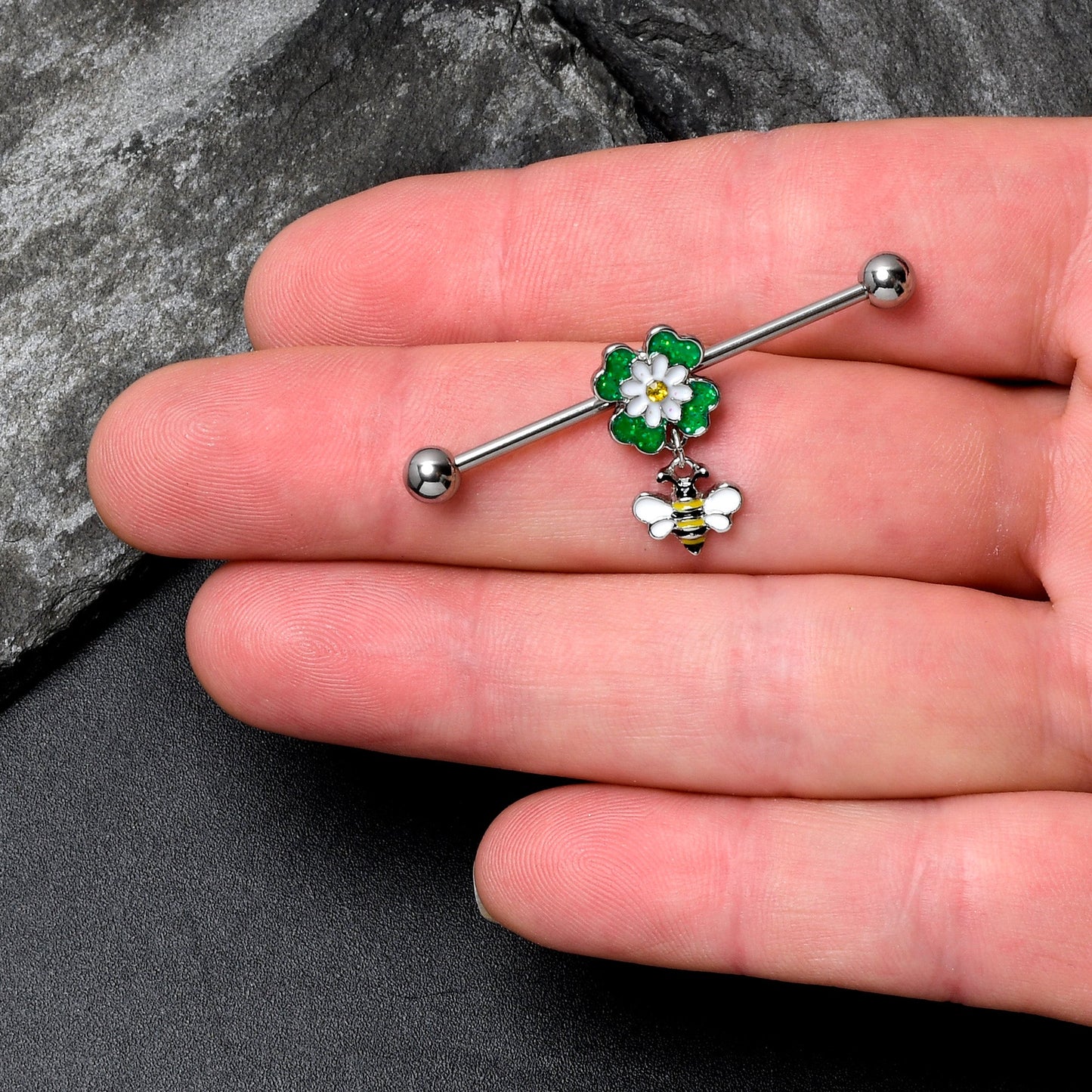 14G Yellow Gem Daisy Bee Glittery Dangle Industrial Barbell 38mm