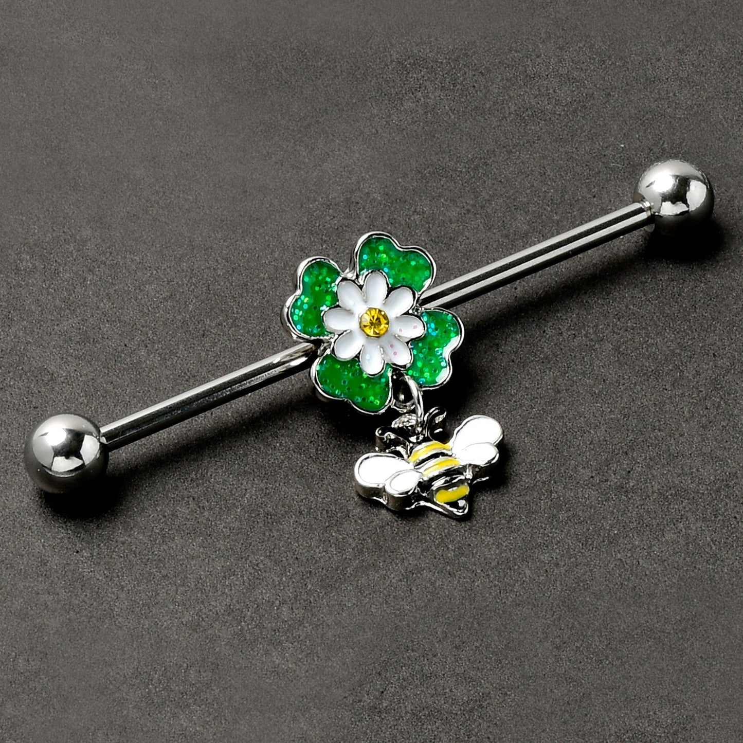14G Yellow Gem Daisy Bee Glittery Dangle Industrial Barbell 38mm