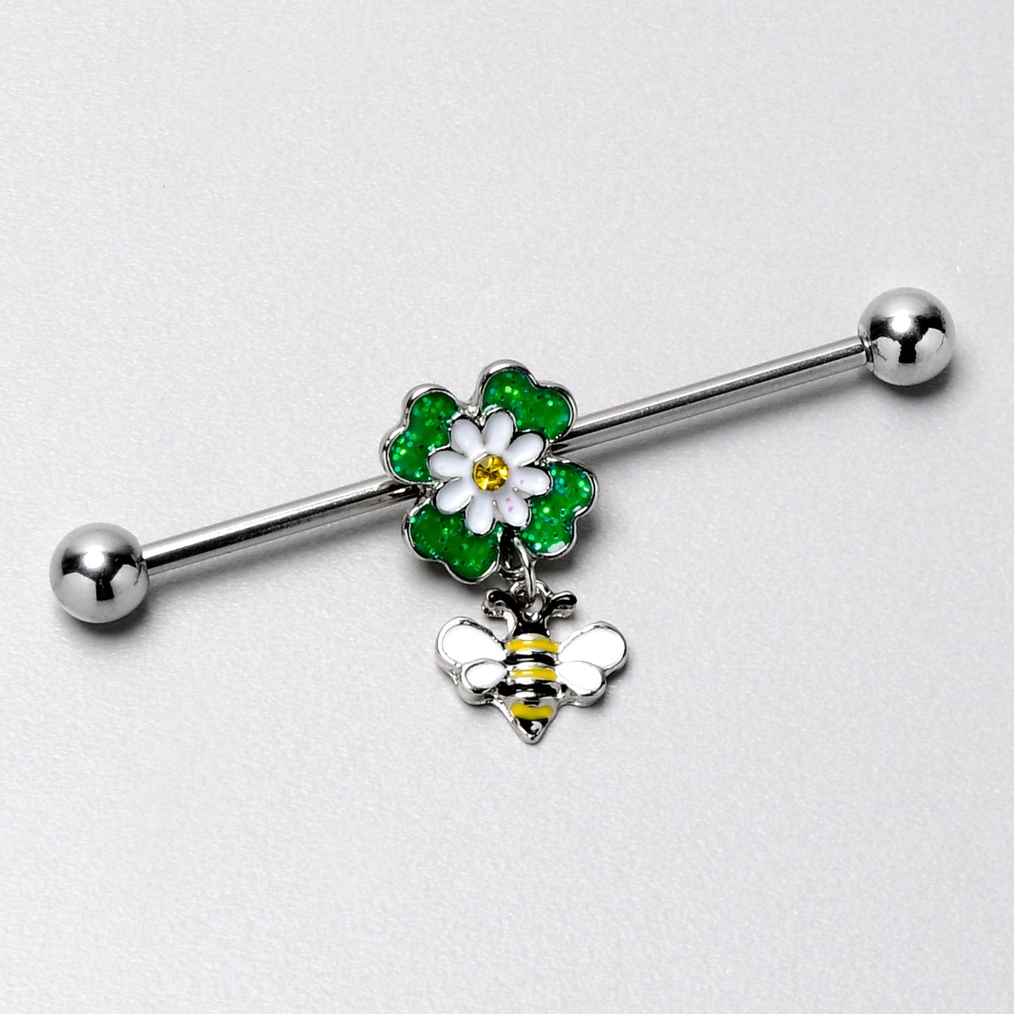 14G Yellow Gem Daisy Bee Glittery Dangle Industrial Barbell 38mm