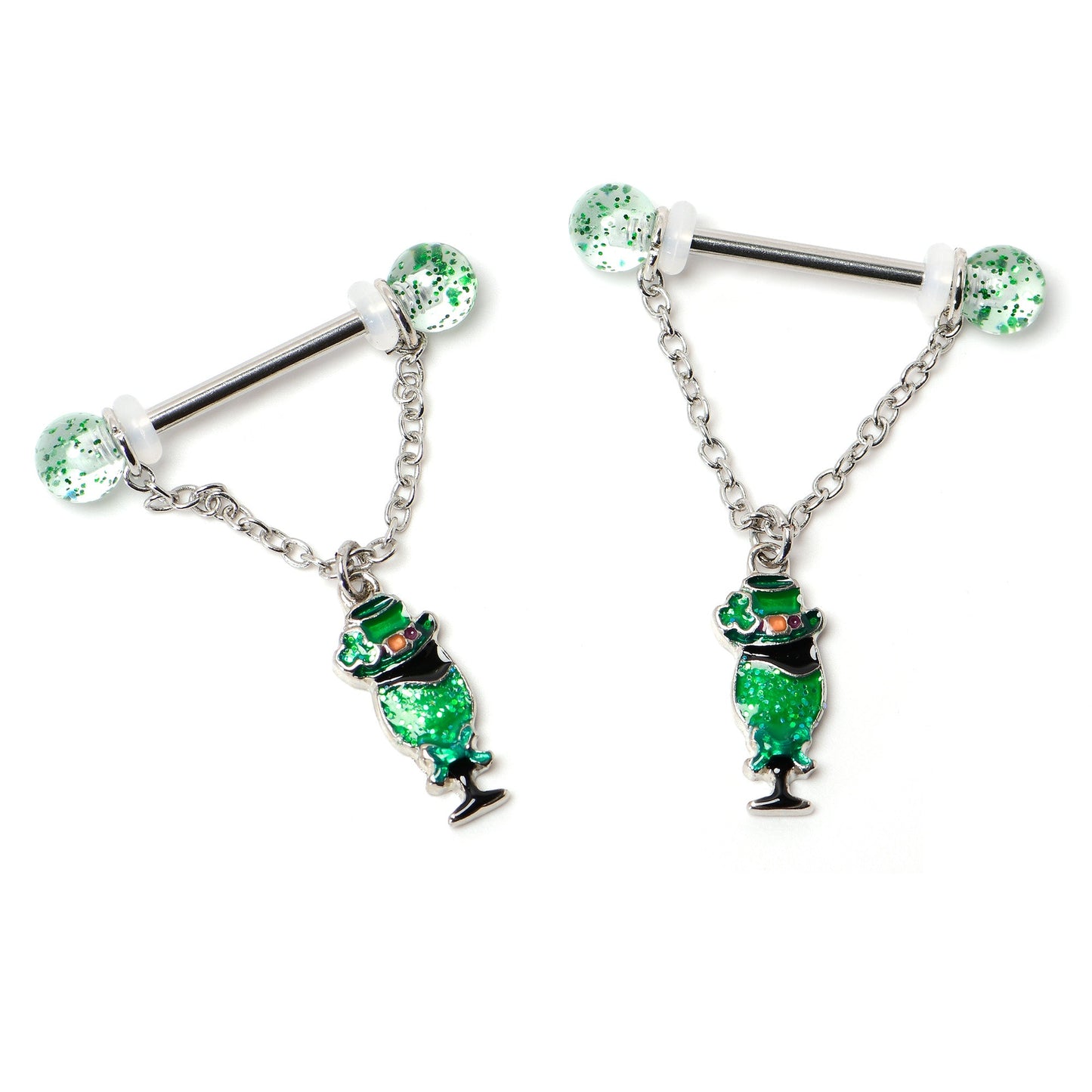 14G 9/16 Fancy Leprechaun St Patricks Chain Dangle Nipple Ring Set