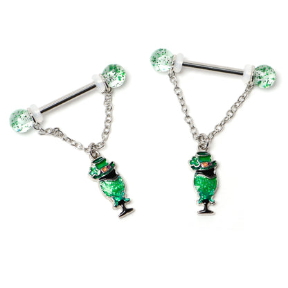14G 9/16 Fancy Leprechaun St Patricks Chain Dangle Nipple Ring Set