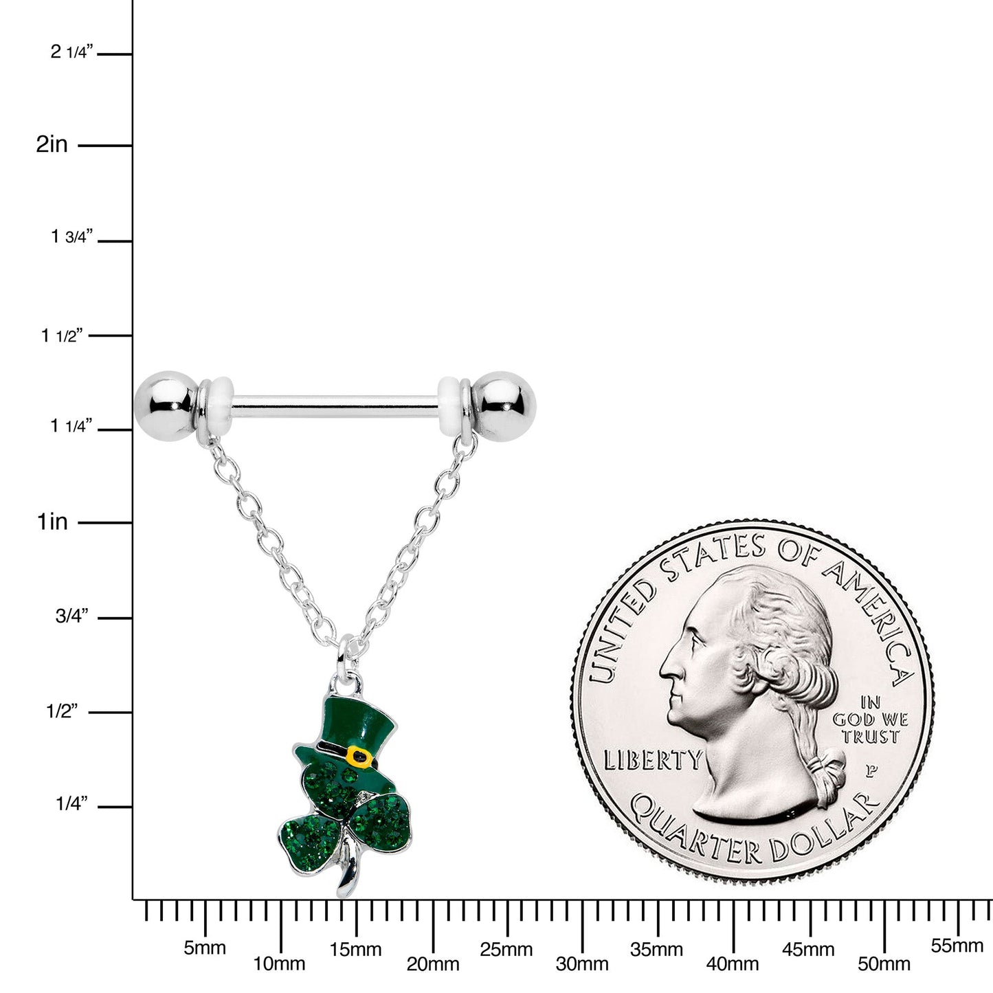 14G 9/16 Green Gem Top Hat Shamrock Chain Dangle Nipple Ring Set