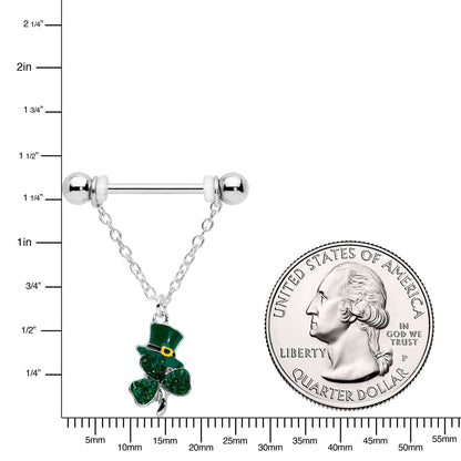 14G 9/16 Green Gem Top Hat Shamrock Chain Dangle Nipple Ring Set