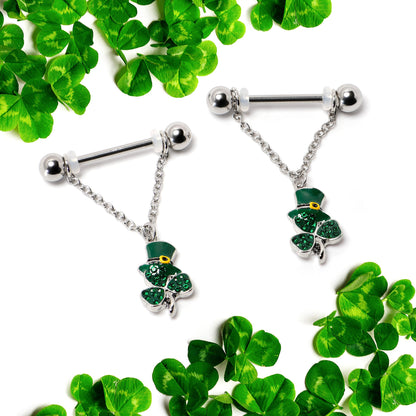 14G 9/16 Green Gem Top Hat Shamrock Chain Dangle Nipple Ring Set