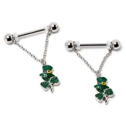 14G 9/16 Green Gem Top Hat Shamrock Chain Dangle Nipple Ring Set