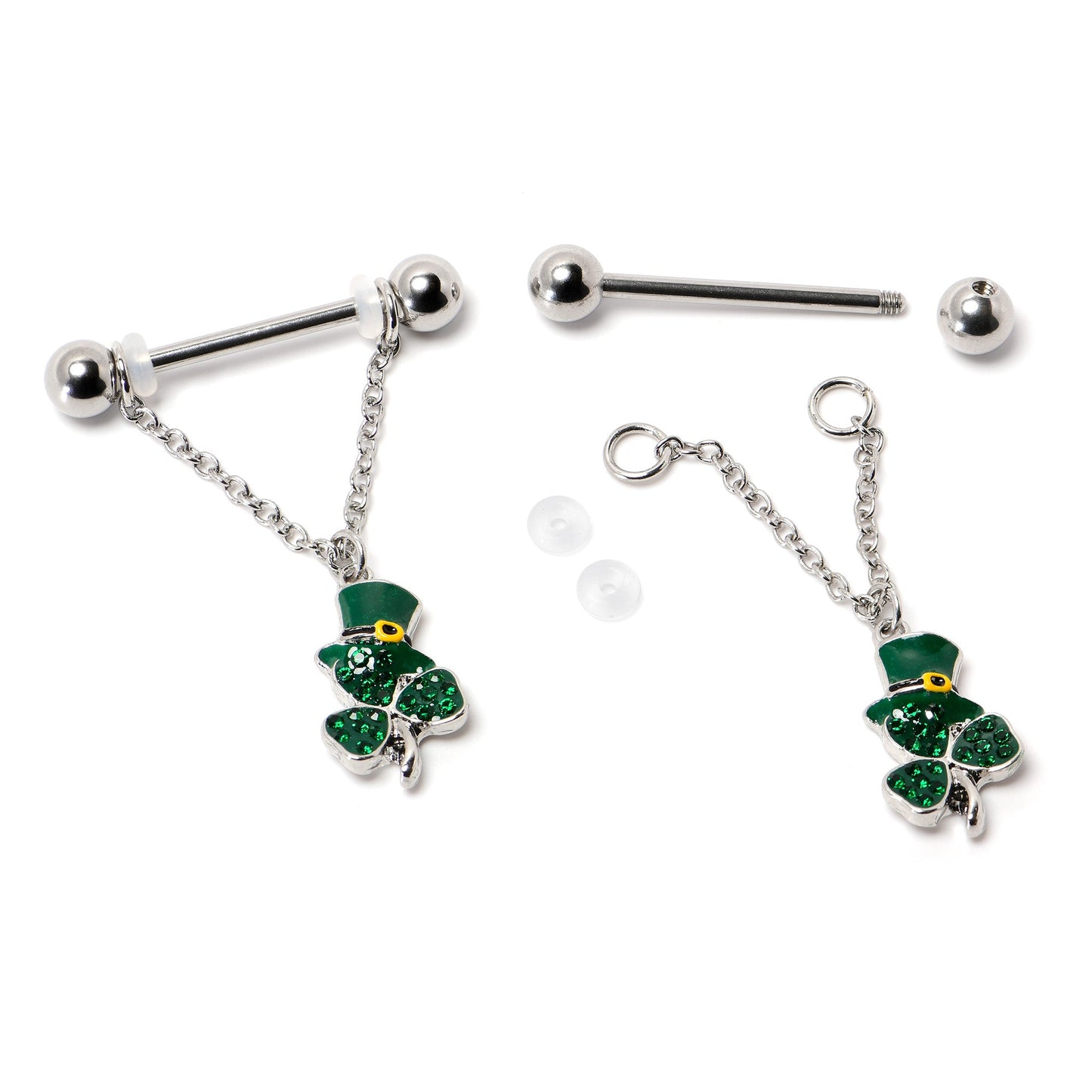 14G 9/16 Green Gem Top Hat Shamrock Chain Dangle Nipple Ring Set