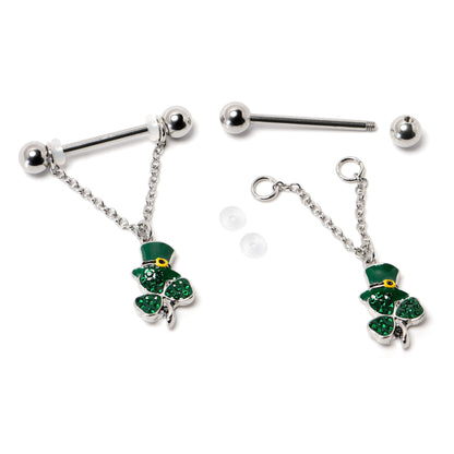 14G 9/16 Green Gem Top Hat Shamrock Chain Dangle Nipple Ring Set