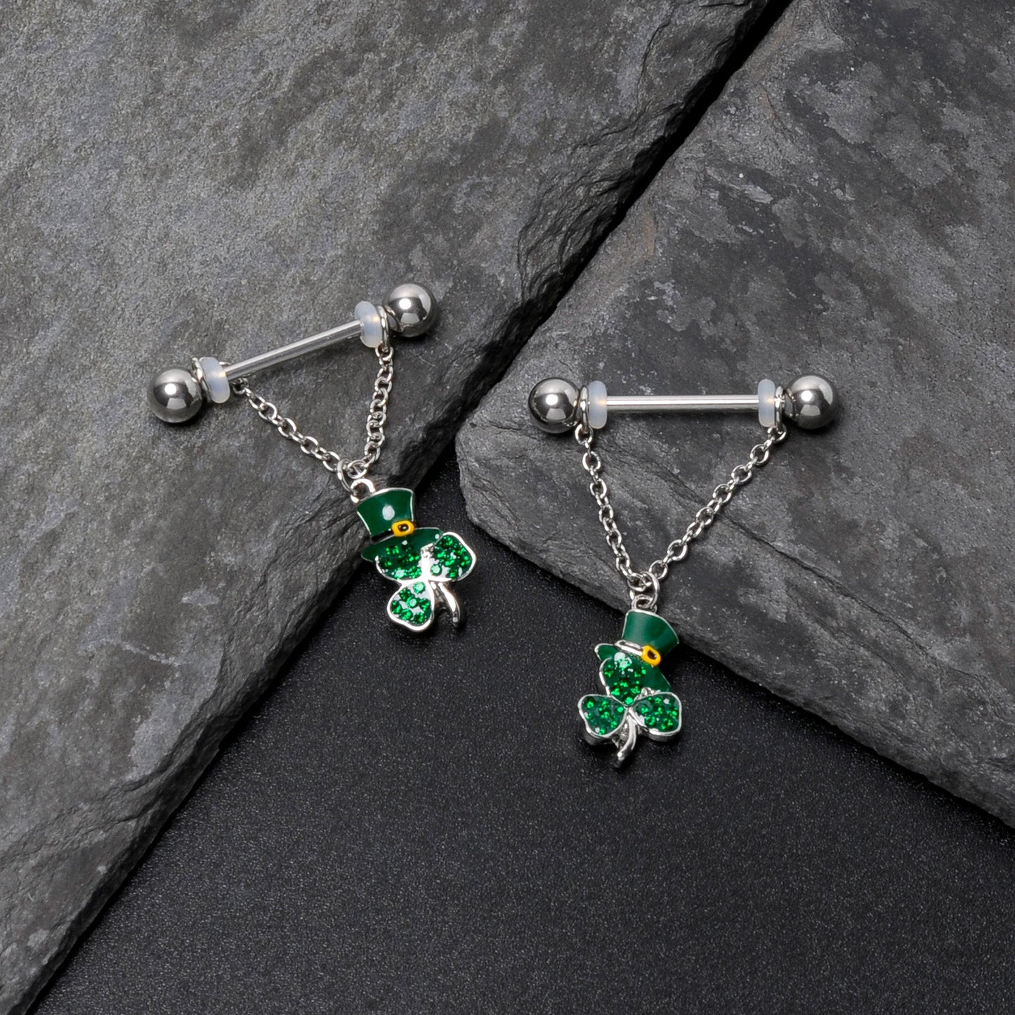 14G 9/16 Green Gem Top Hat Shamrock Chain Dangle Nipple Ring Set