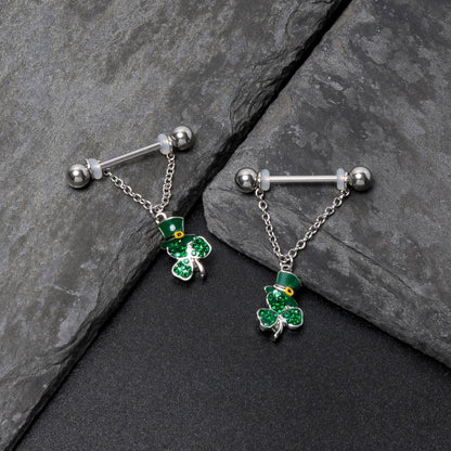 14G 9/16 Green Gem Top Hat Shamrock Chain Dangle Nipple Ring Set