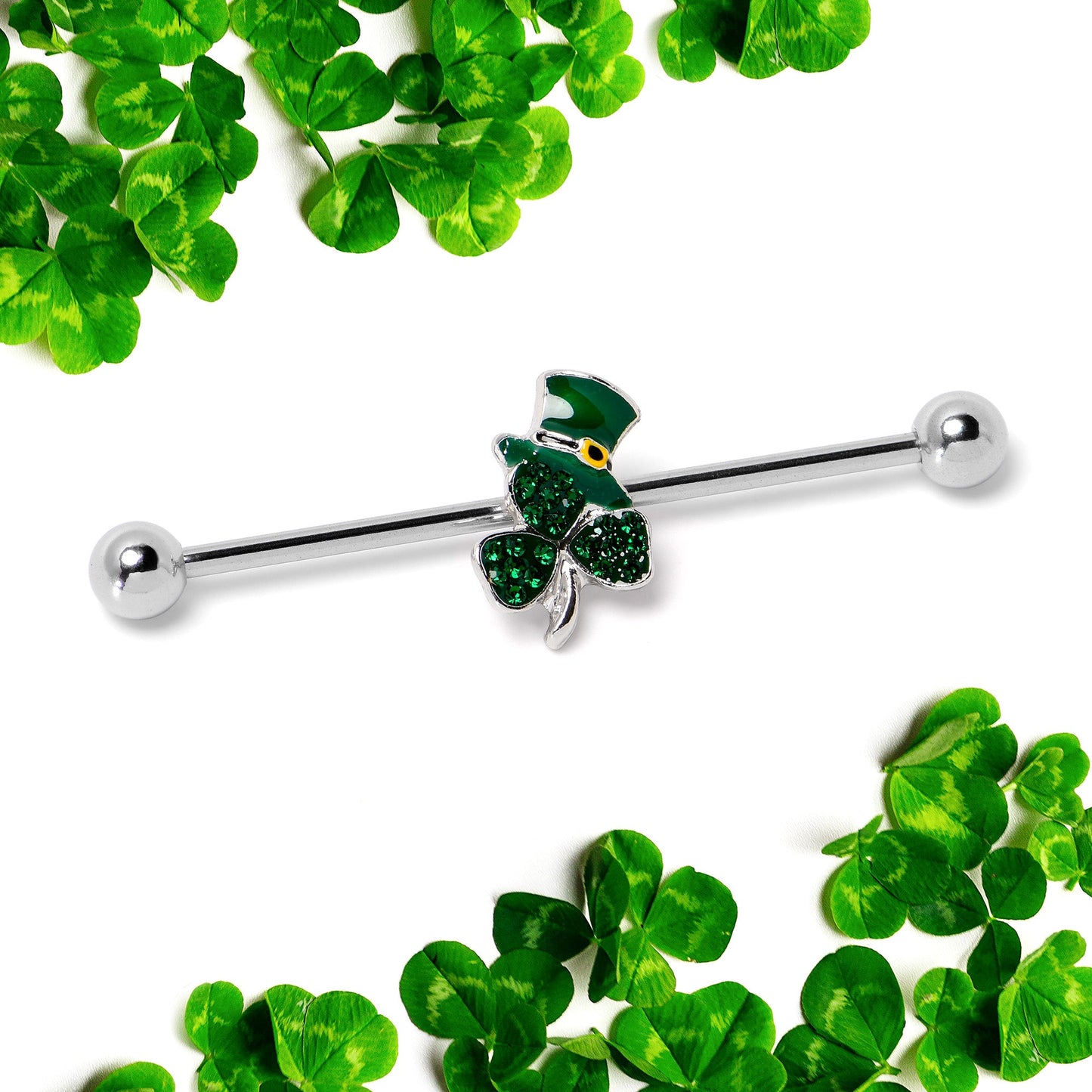 14G Green Gem Top Hat Shamrock St Patricks Industrial Barbell 38mm