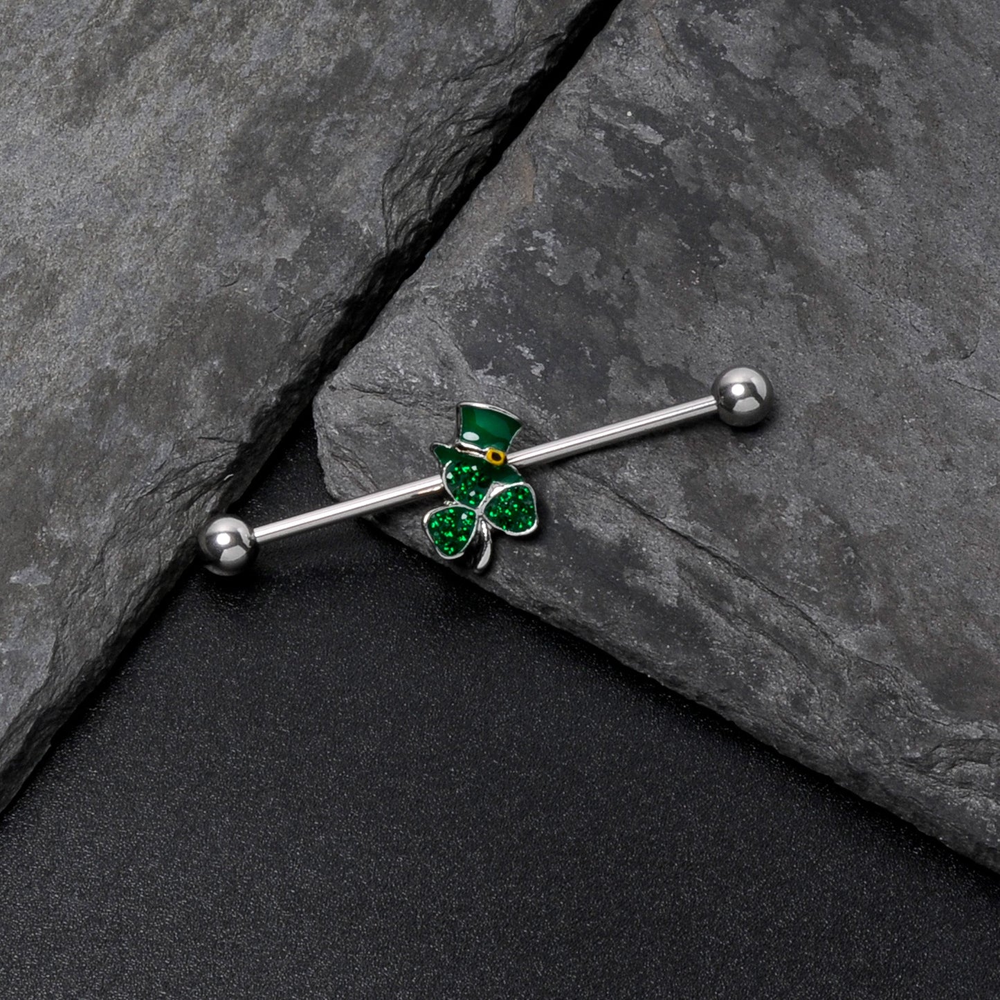 14G Green Gem Top Hat Shamrock St Patricks Industrial Barbell 38mm